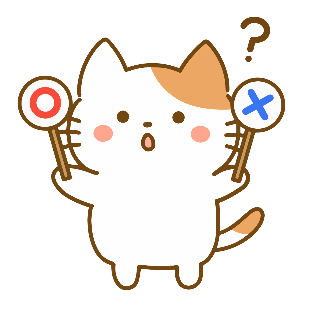 マルとバツの札で悩む猫